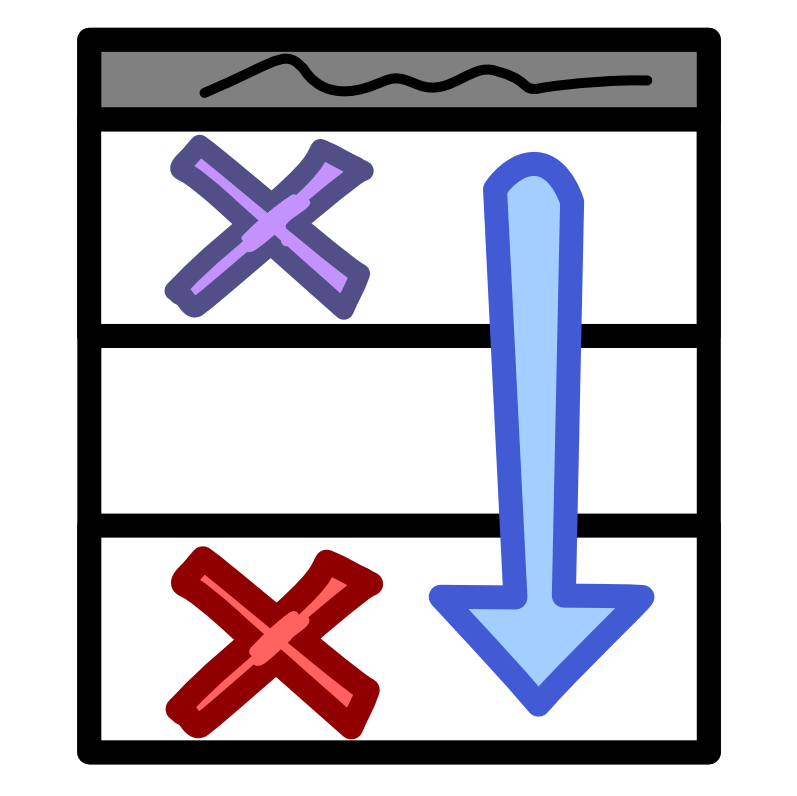 An image with dark line art shows 4 vertically stacked rectangles. The top rectangle is short and grey. It has a black squiggle inside it. The bottom 3 rectangles are all about the same size and are white. The first one has a purple X inside it, the last one has a red X. A blue arrow overlapping the white rectangles sits to the side of the X’s and points down. 